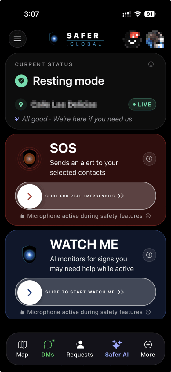 Safer home screen showing SOS and Watch Me