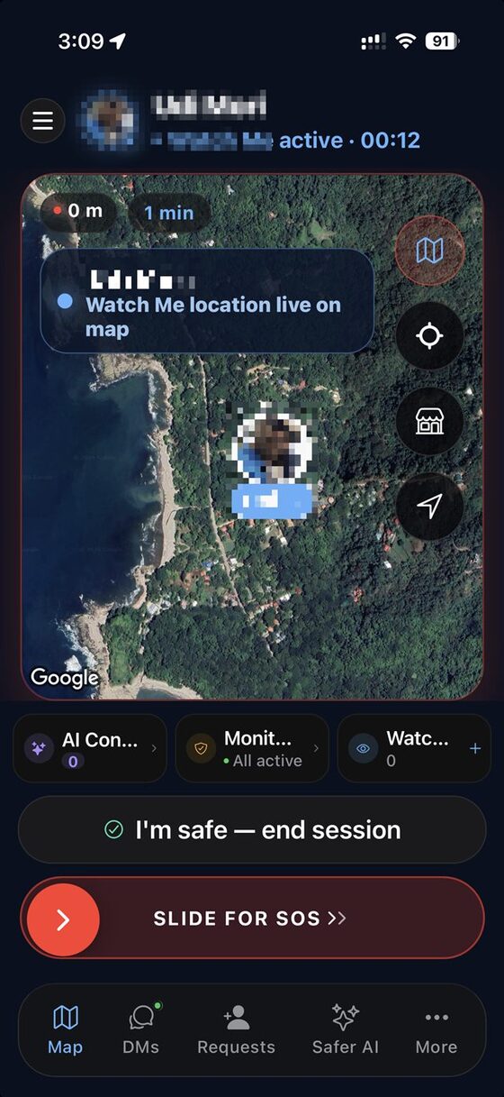Watch Me active with live location on a map